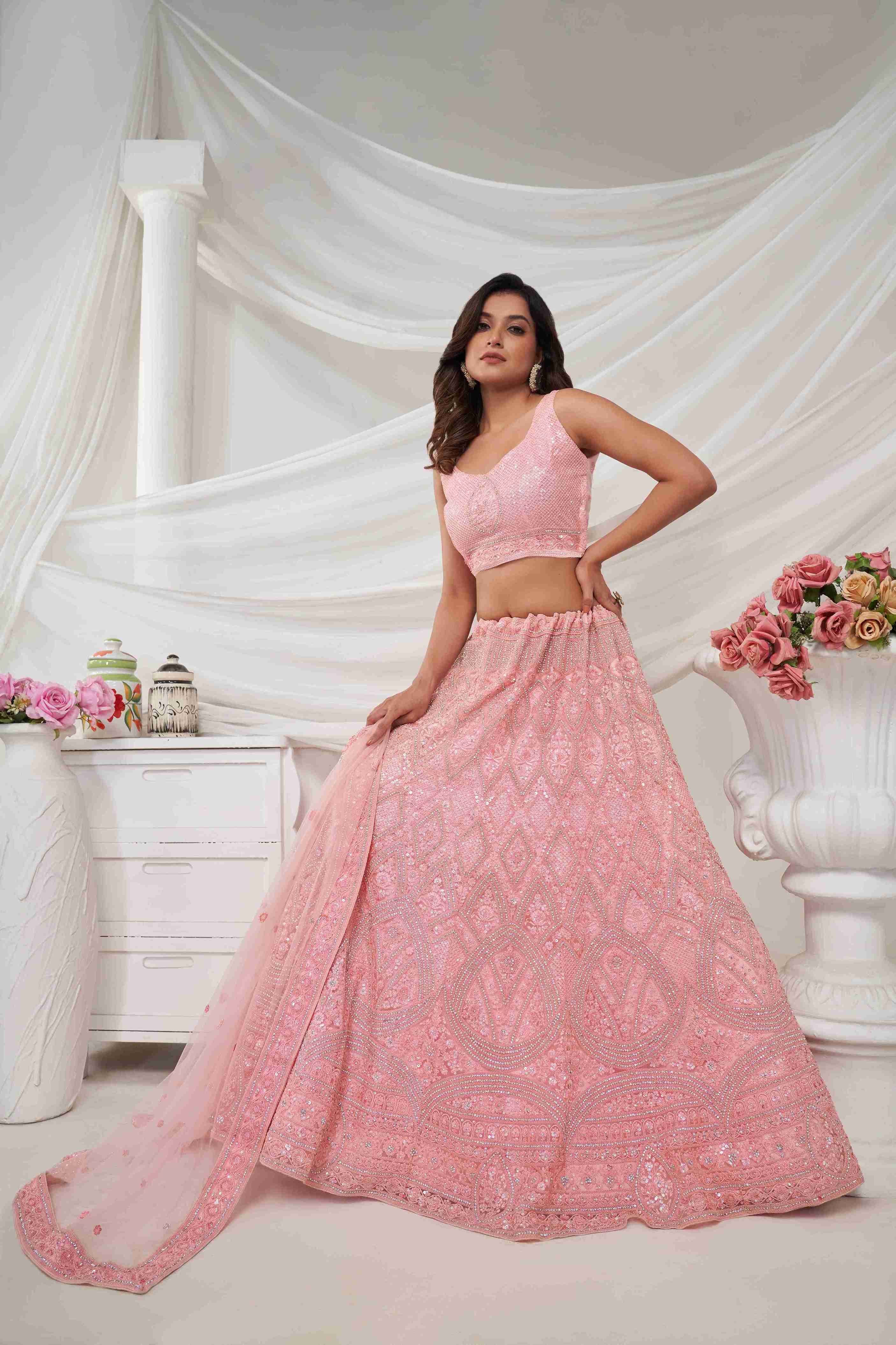 Pink Net Diwali Special A Line Lehenga With Embroidery And Sequins Wedding Wear