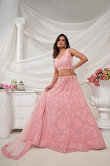 Pink Net Diwali Special A Line Lehenga With Embroidery And Sequins Wedding Wear