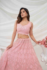 Pink Net Diwali Special A Line Lehenga With Embroidery And Sequins Wedding Wear