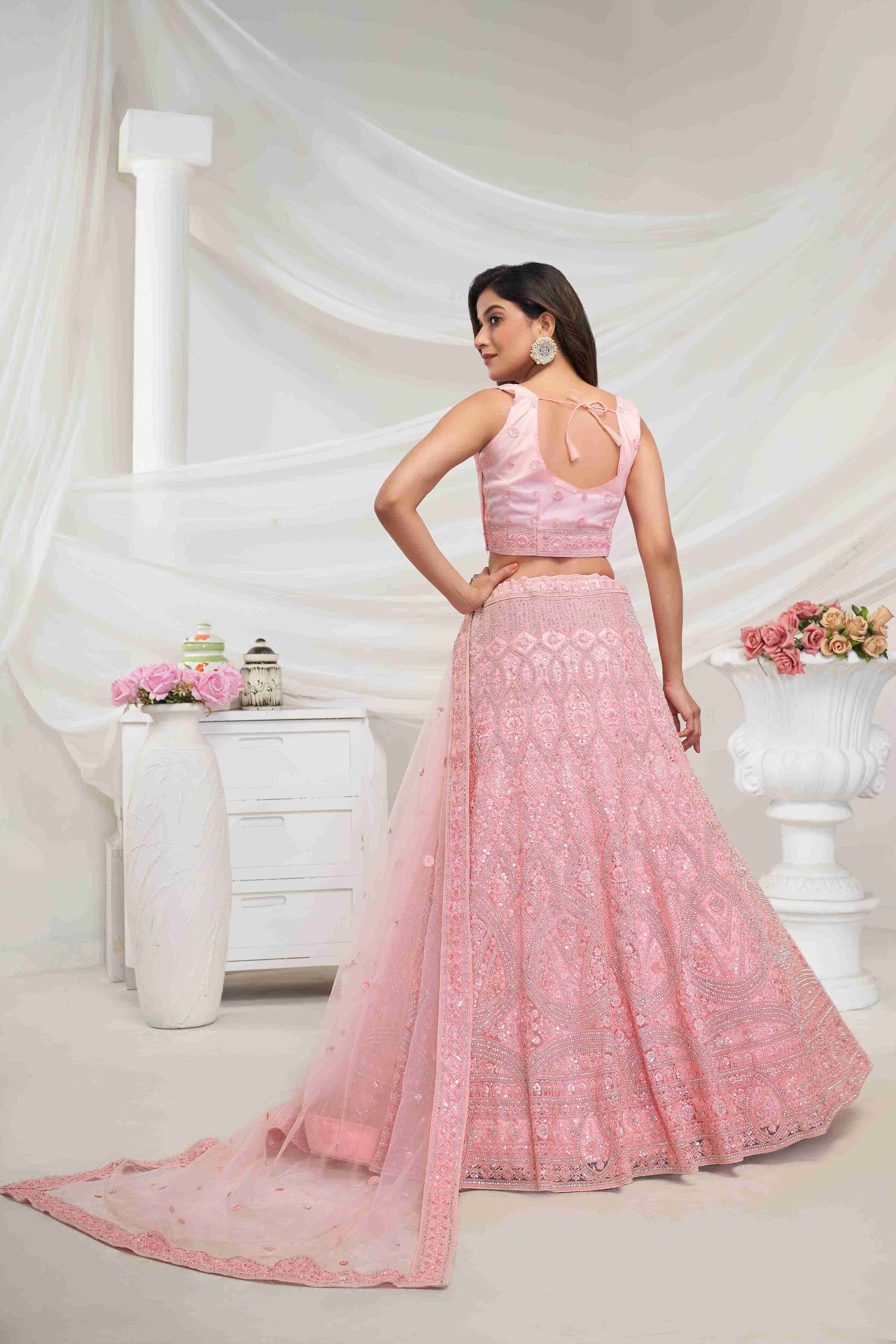 Pink Net Diwali Special A Line Lehenga With Embroidery And Sequins Wedding Wear