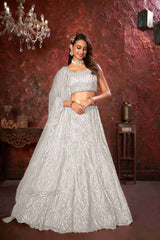 Silver Net Diwali Special A Line Lehenga With Embroidery And Sequins Wedding Wear