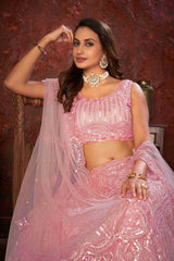 Pink Net Diwali Special A Line Lehenga With Embroidery And Sequins Wedding Wear