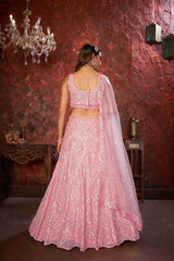 Pink Net Diwali Special A Line Lehenga With Embroidery And Sequins Wedding Wear