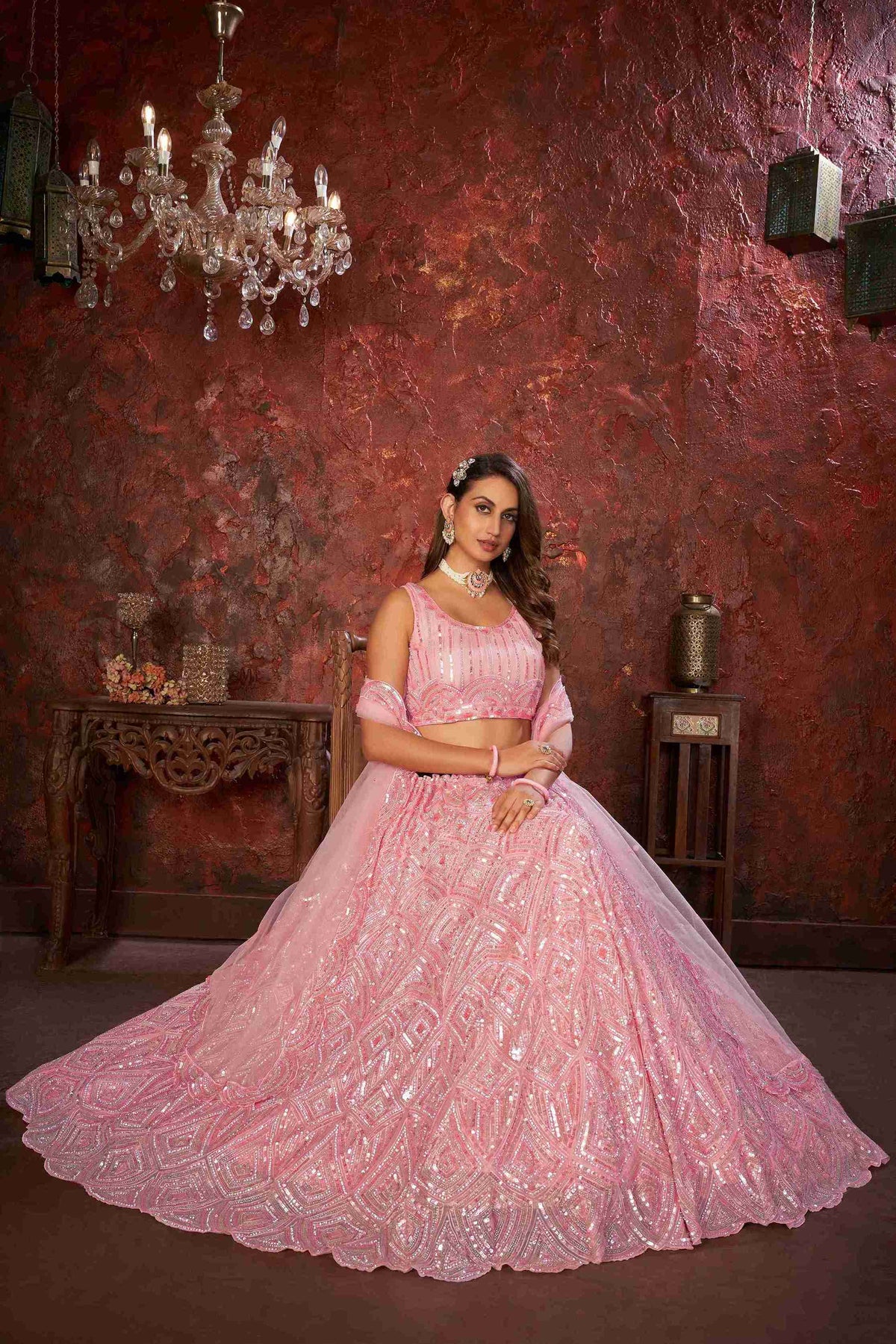 Pink Net Diwali Special A Line Lehenga With Embroidery And Sequins Wedding Wear