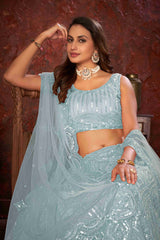 Sky Blue Net Diwali Special A Line Lehenga With Embroidery And Sequins Wedding Wear