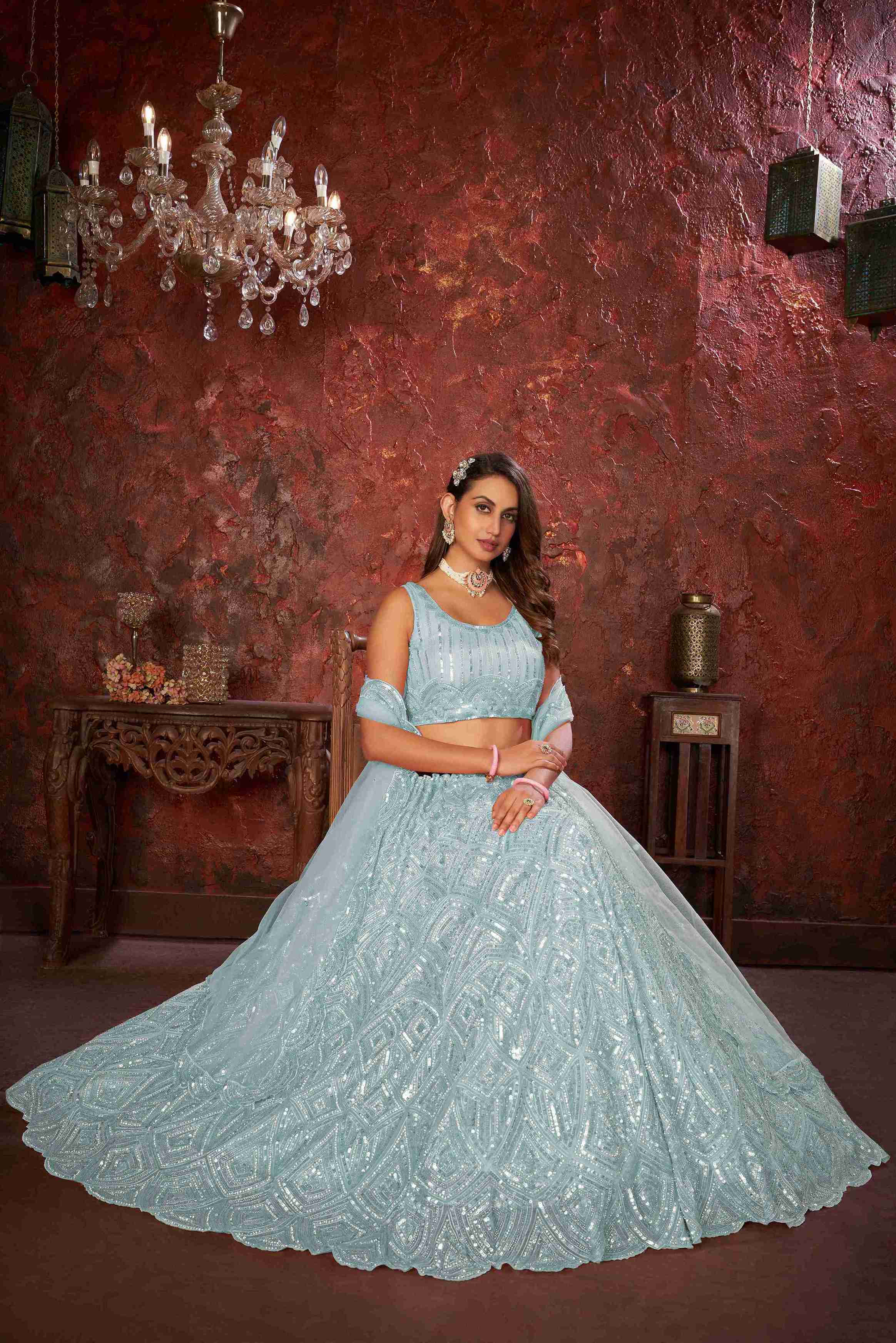 Sky Blue Net Diwali Special A Line Lehenga With Embroidery And Sequins Wedding Wear