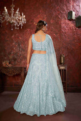 Sky Blue Net Diwali Special A Line Lehenga With Embroidery And Sequins Wedding Wear