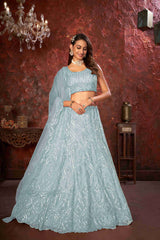 Sky Blue Net Diwali Special A Line Lehenga With Embroidery And Sequins Wedding Wear