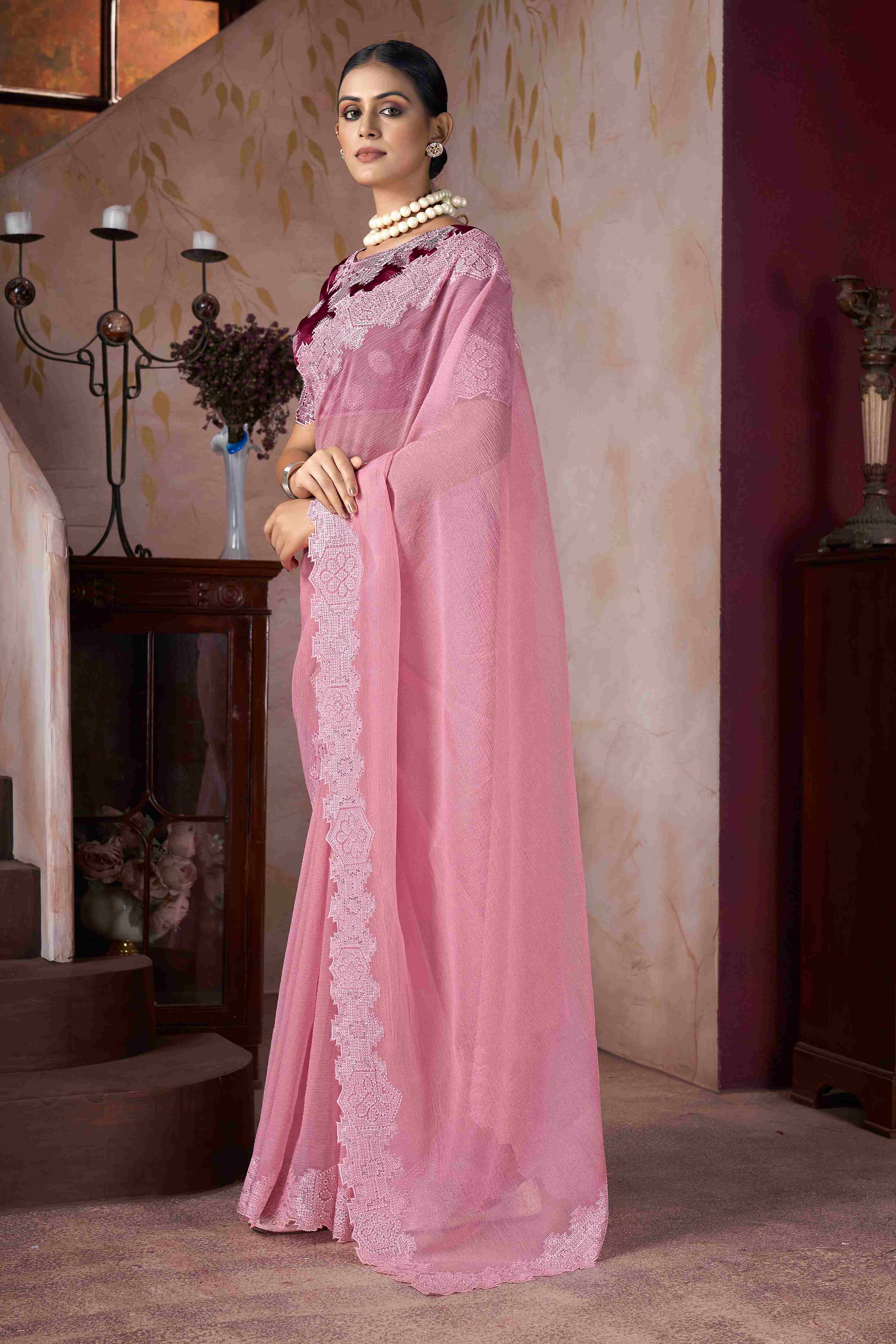 Baby Pink  Embroidery Saree