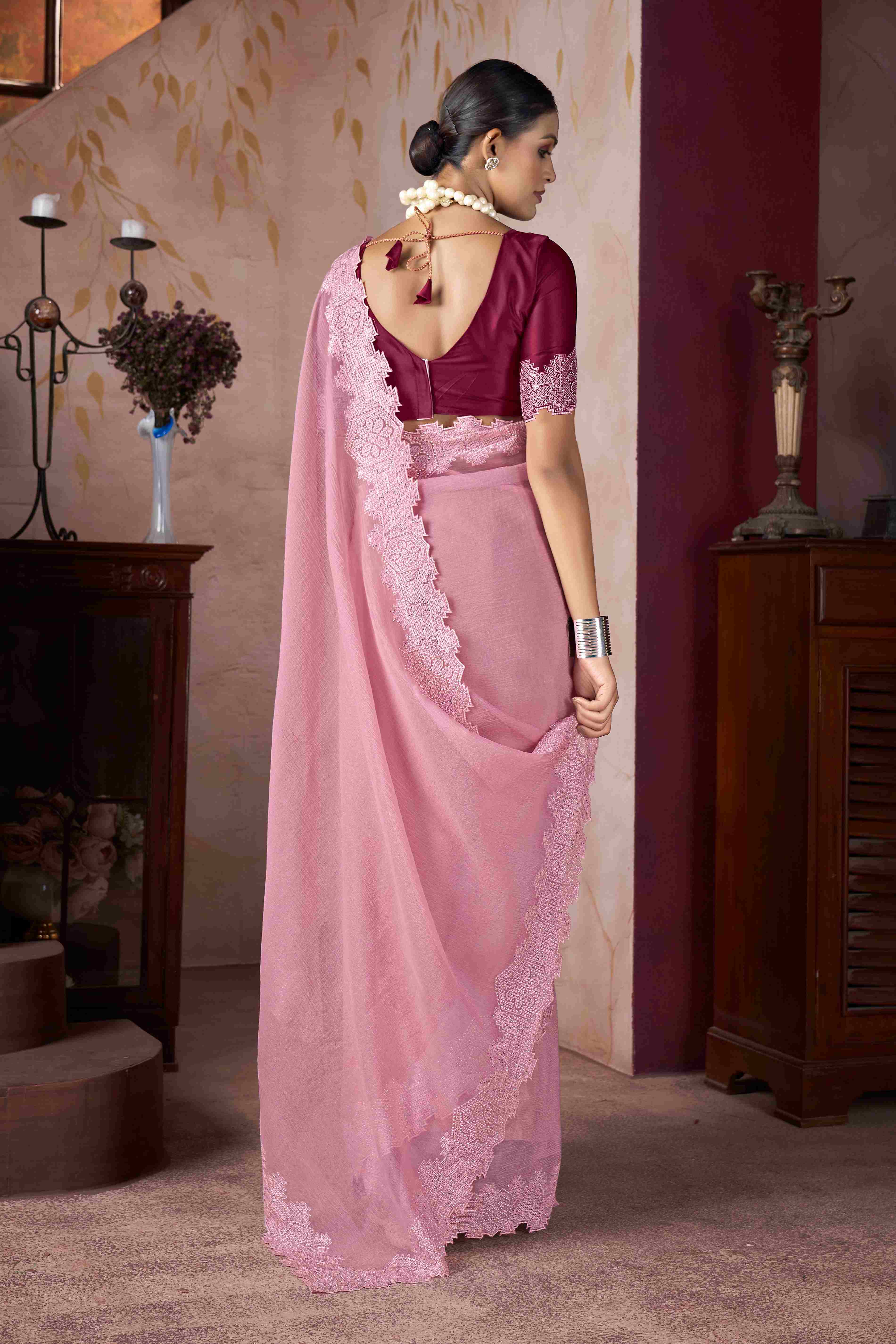 Baby Pink  Embroidery Saree