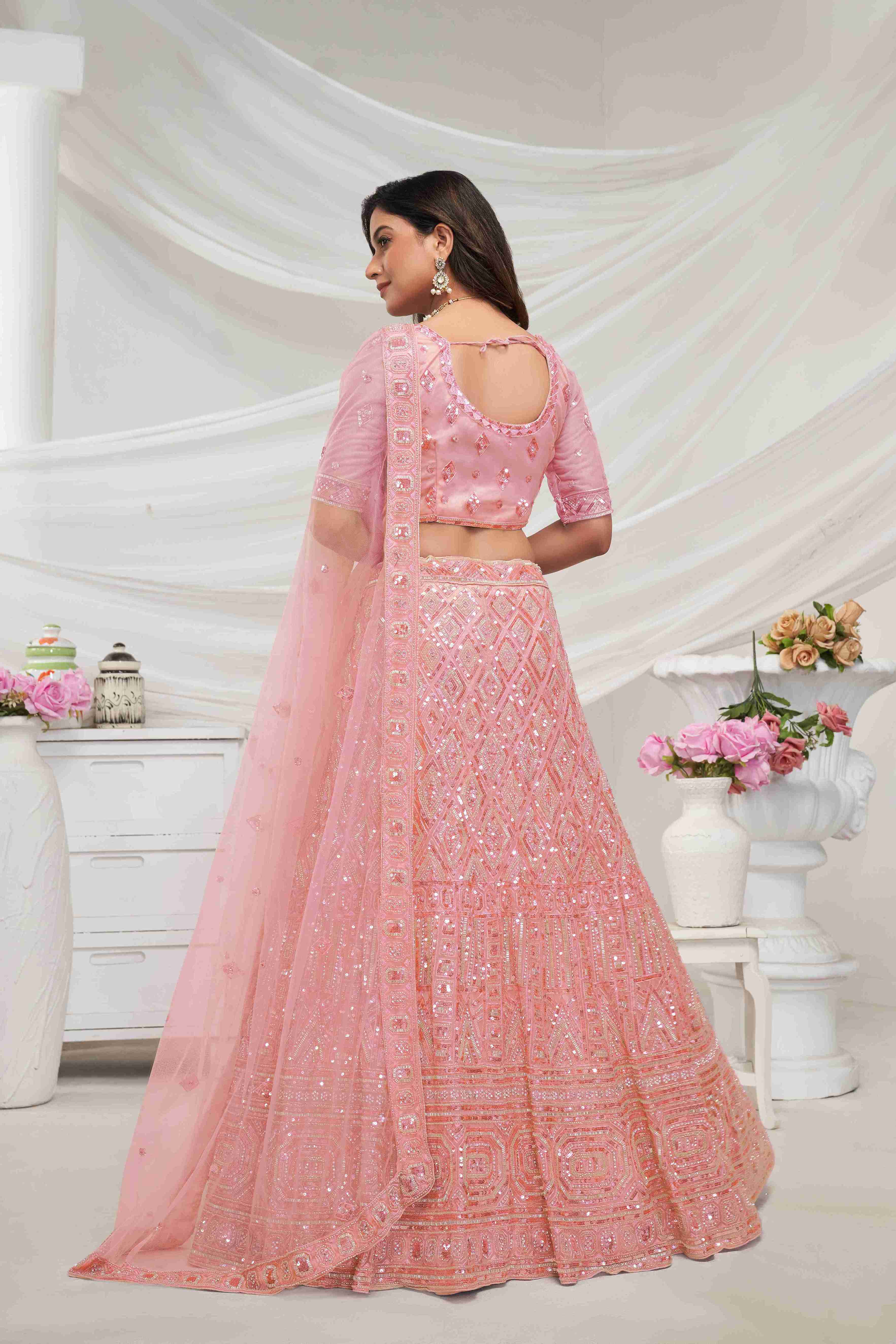 Pink Net Diwali Special A Line Lehenga With Embroidery And Sequins Wedding Wear