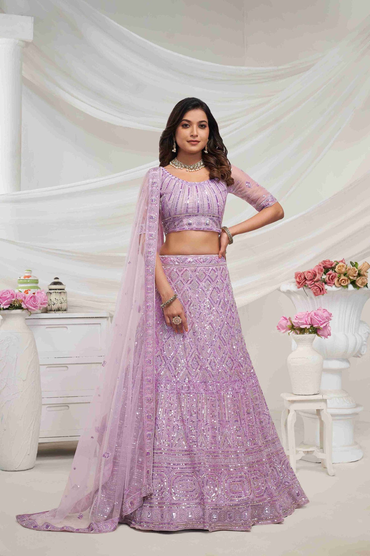 Lavender Net Diwali Special A Line Lehenga With Embroidery And Sequins Wedding Wear