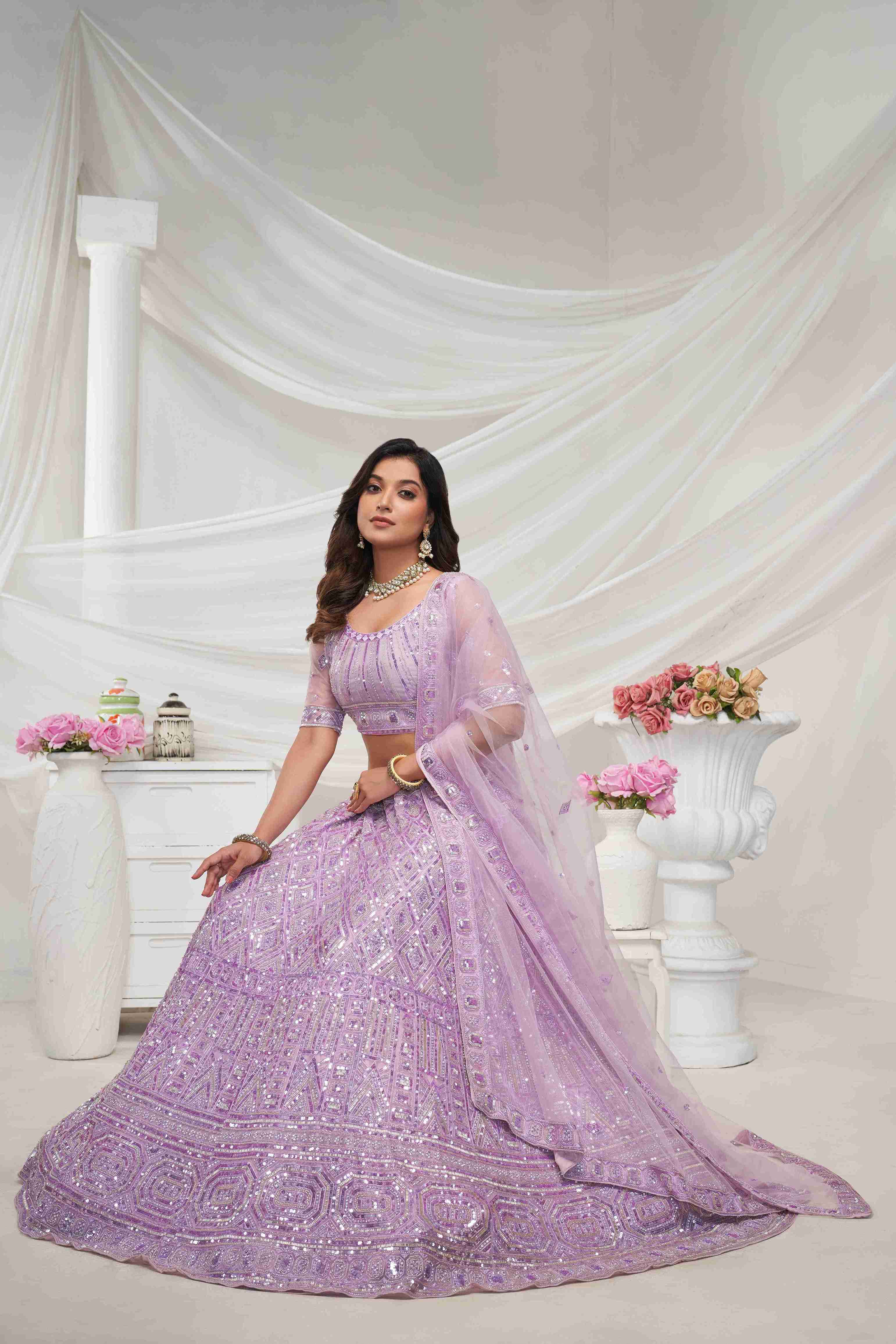 Lavender Net Diwali Special A Line Lehenga With Embroidery And Sequins Wedding Wear