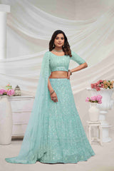 Sky Blue Net Diwali Special A Line Lehenga With Embroidery And Sequins Wedding Wear