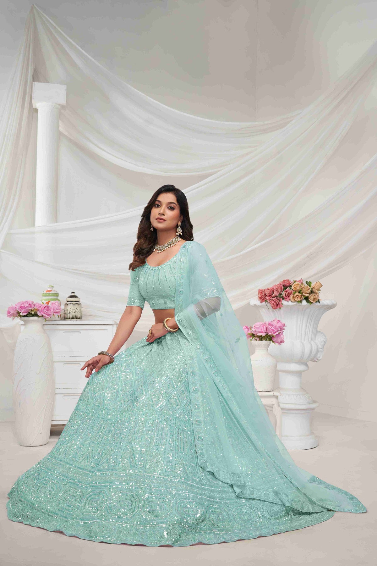 Sky Blue Net Diwali Special A Line Lehenga With Embroidery And Sequins Wedding Wear