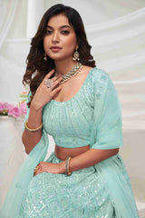 Sky Blue Net Diwali Special A Line Lehenga With Embroidery And Sequins Wedding Wear