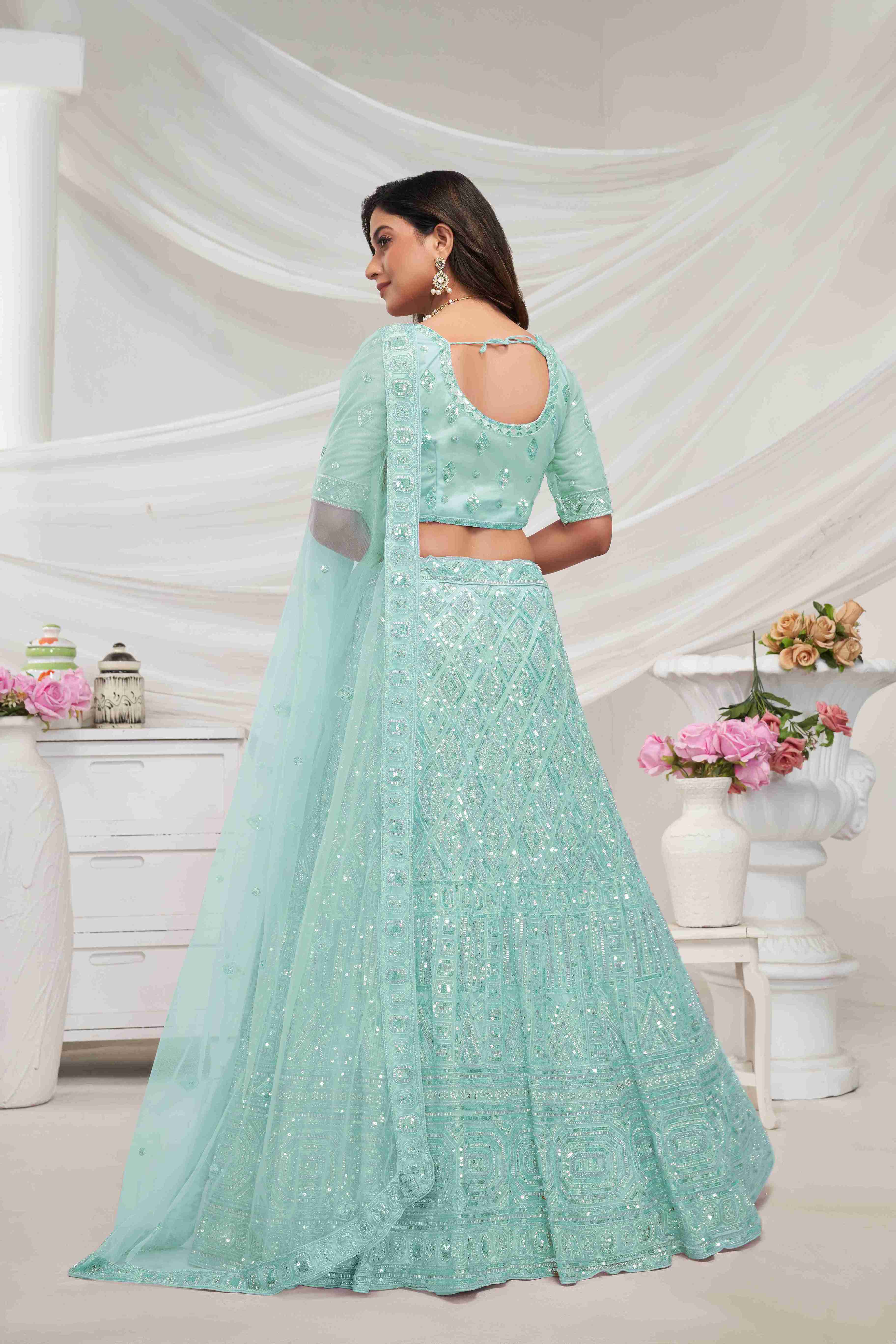 Sky Blue Net Diwali Special A Line Lehenga With Embroidery And Sequins Wedding Wear