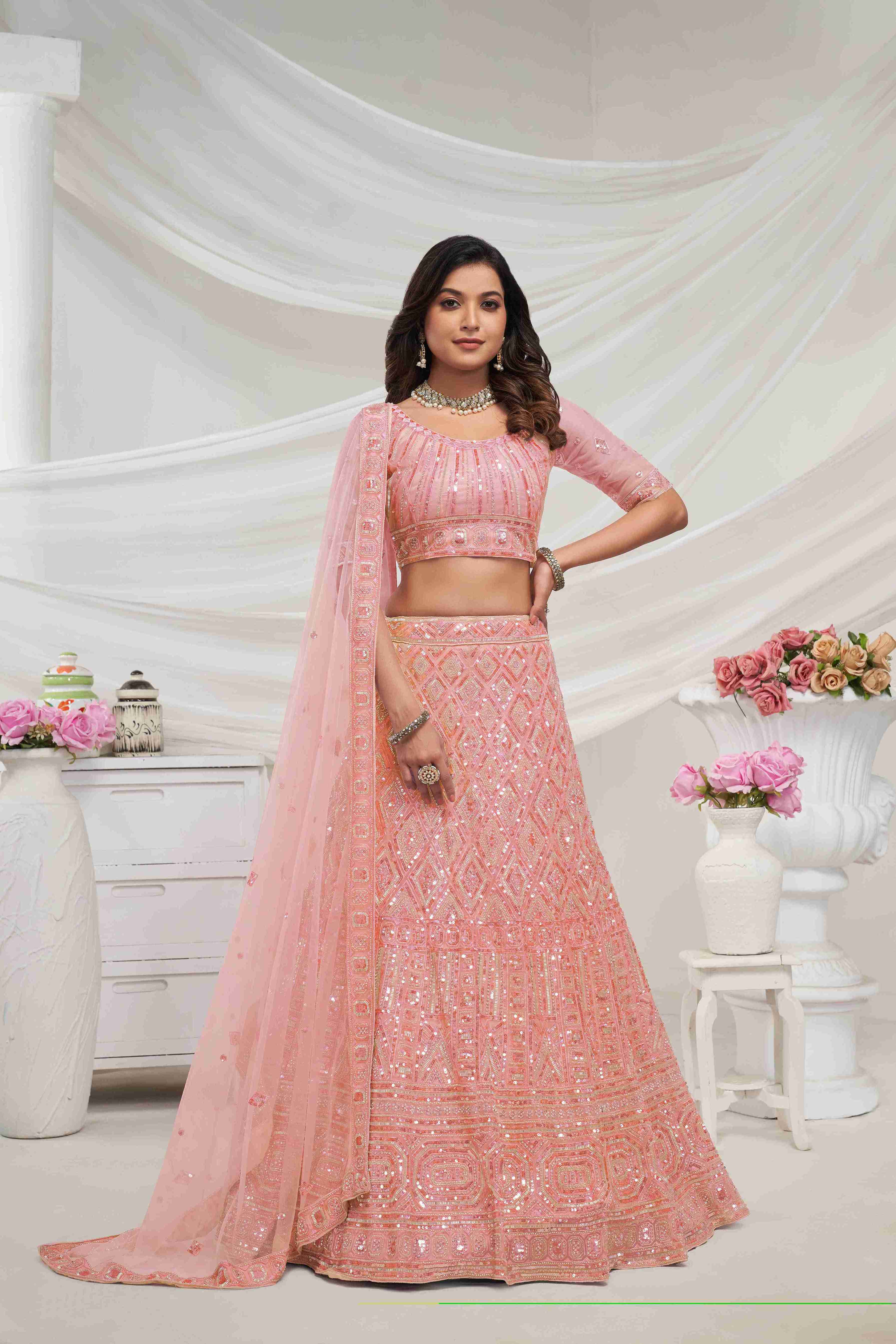 Pink Net Diwali Special A Line Lehenga With Embroidery And Sequins Wedding Wear