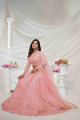 Pink Net Diwali Special A Line Lehenga With Embroidery And Sequins Wedding Wear