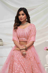 Pink Net Diwali Special A Line Lehenga With Embroidery And Sequins Wedding Wear