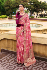 Sari de soirée tissé en jacquard rose