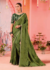 Olive Green Satin Jacquard Embroidery Saree