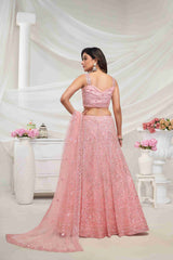 Pink Net Diwali Special A Line Lehenga With Embroidery And Sequins Wedding Wear