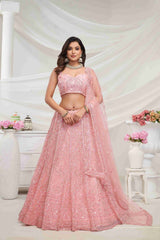 Pink Net Diwali Special A Line Lehenga With Embroidery And Sequins Wedding Wear