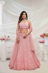 Pink Net Diwali Special A Line Lehenga With Embroidery And Sequins Wedding Wear