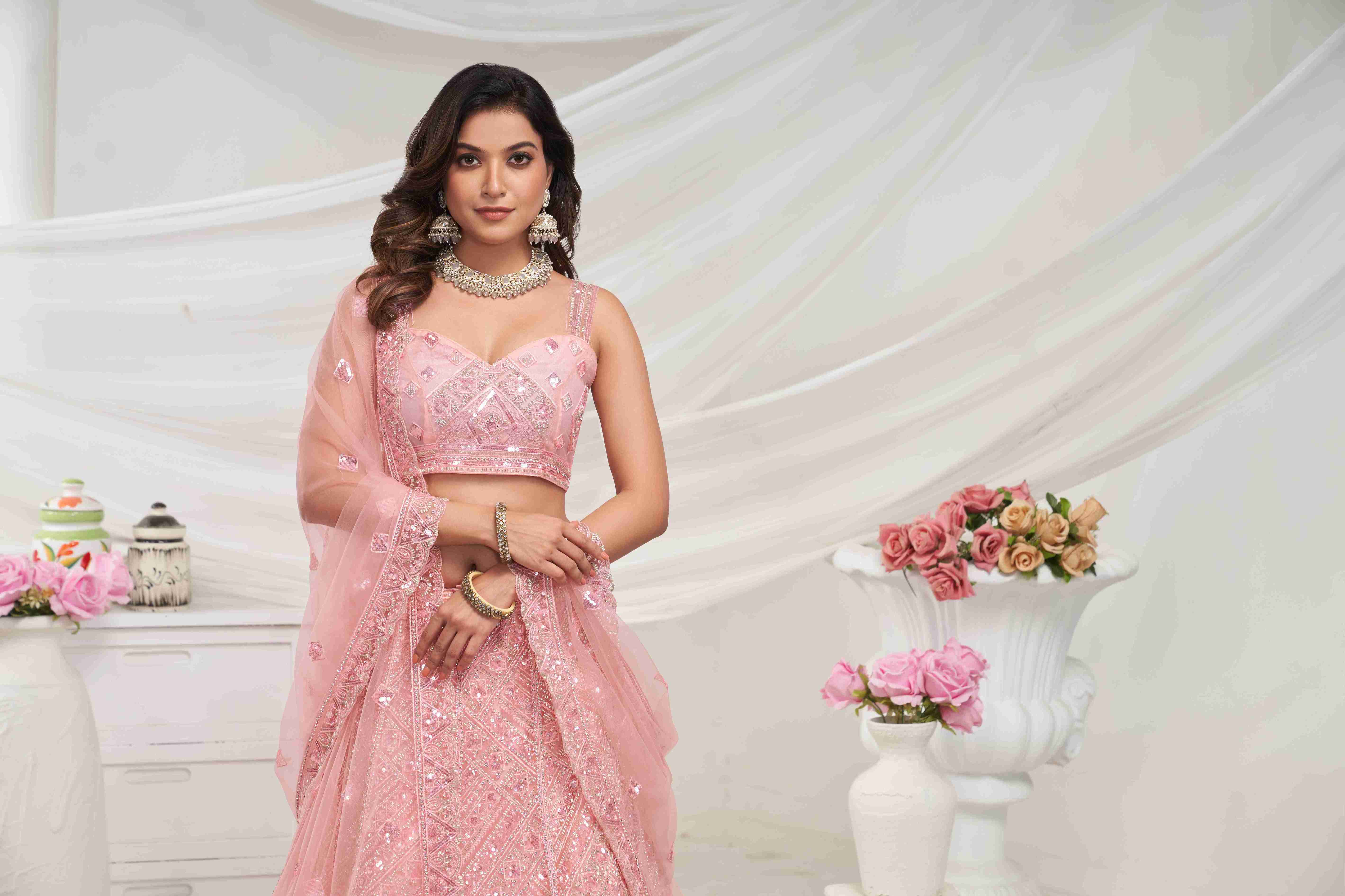 Pink Net Diwali Special A Line Lehenga With Embroidery And Sequins Wedding Wear