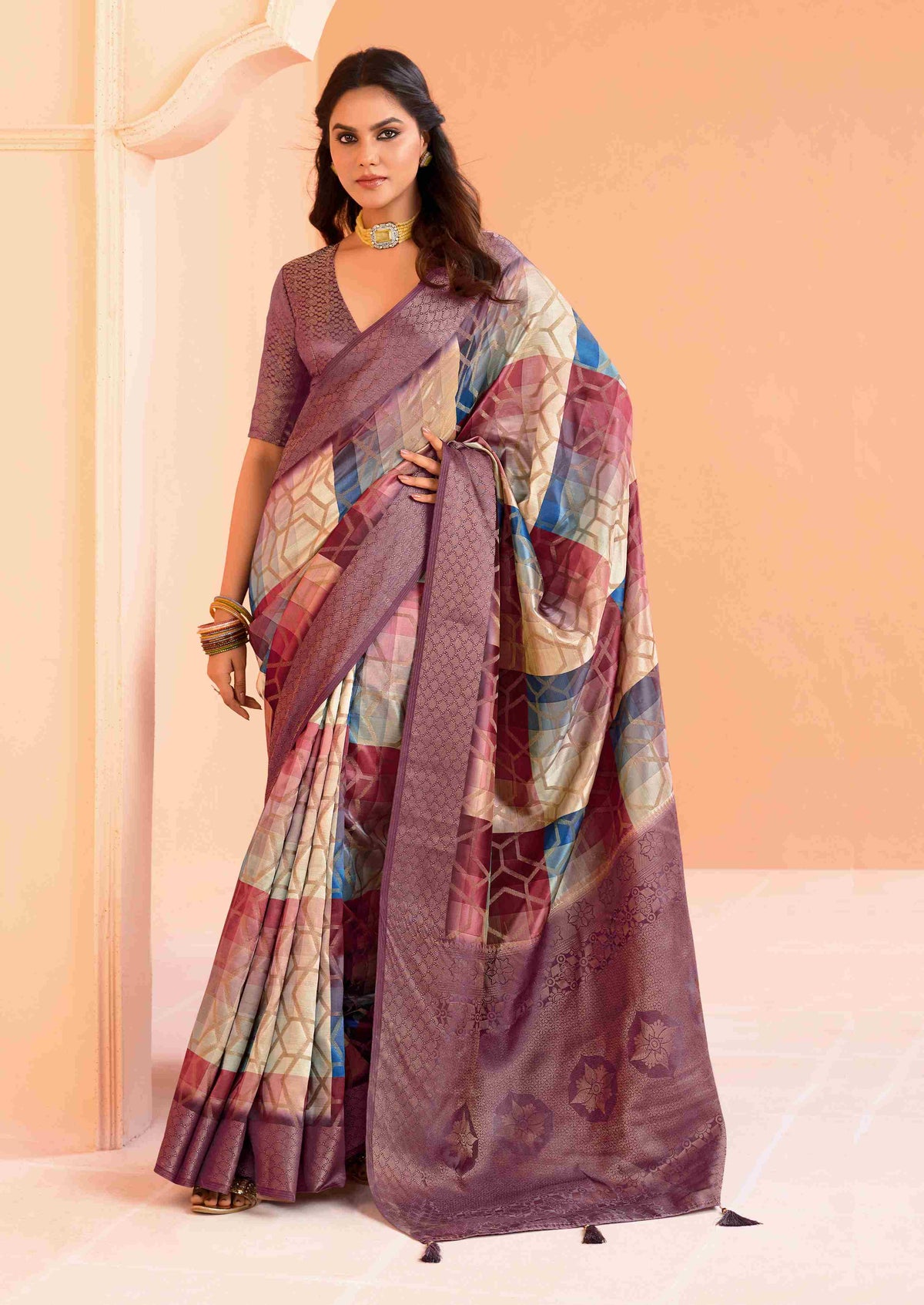 Multi Purple Organza Jacquard Woven Saree