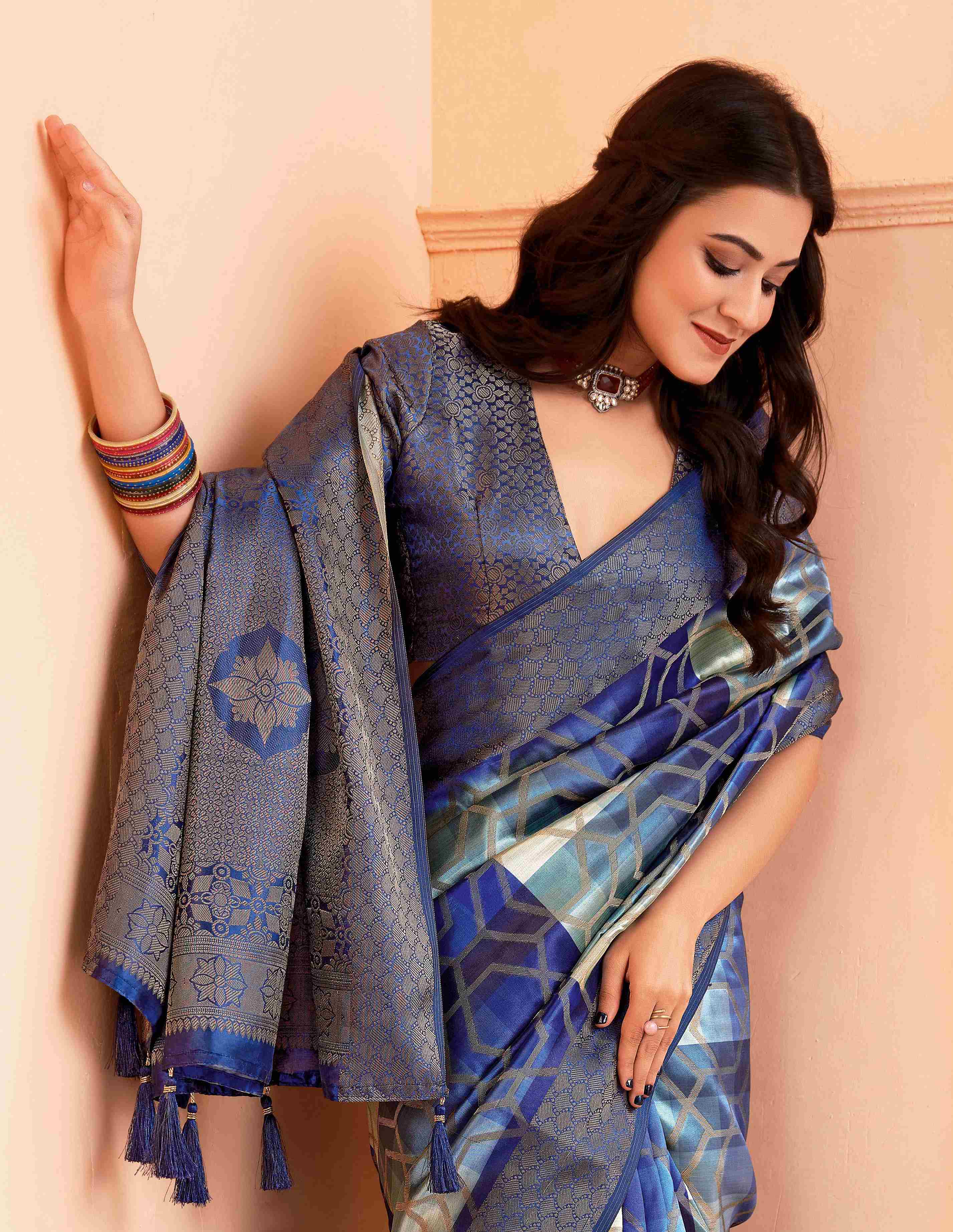 Multi Blue Organza Jacquard Woven Saree