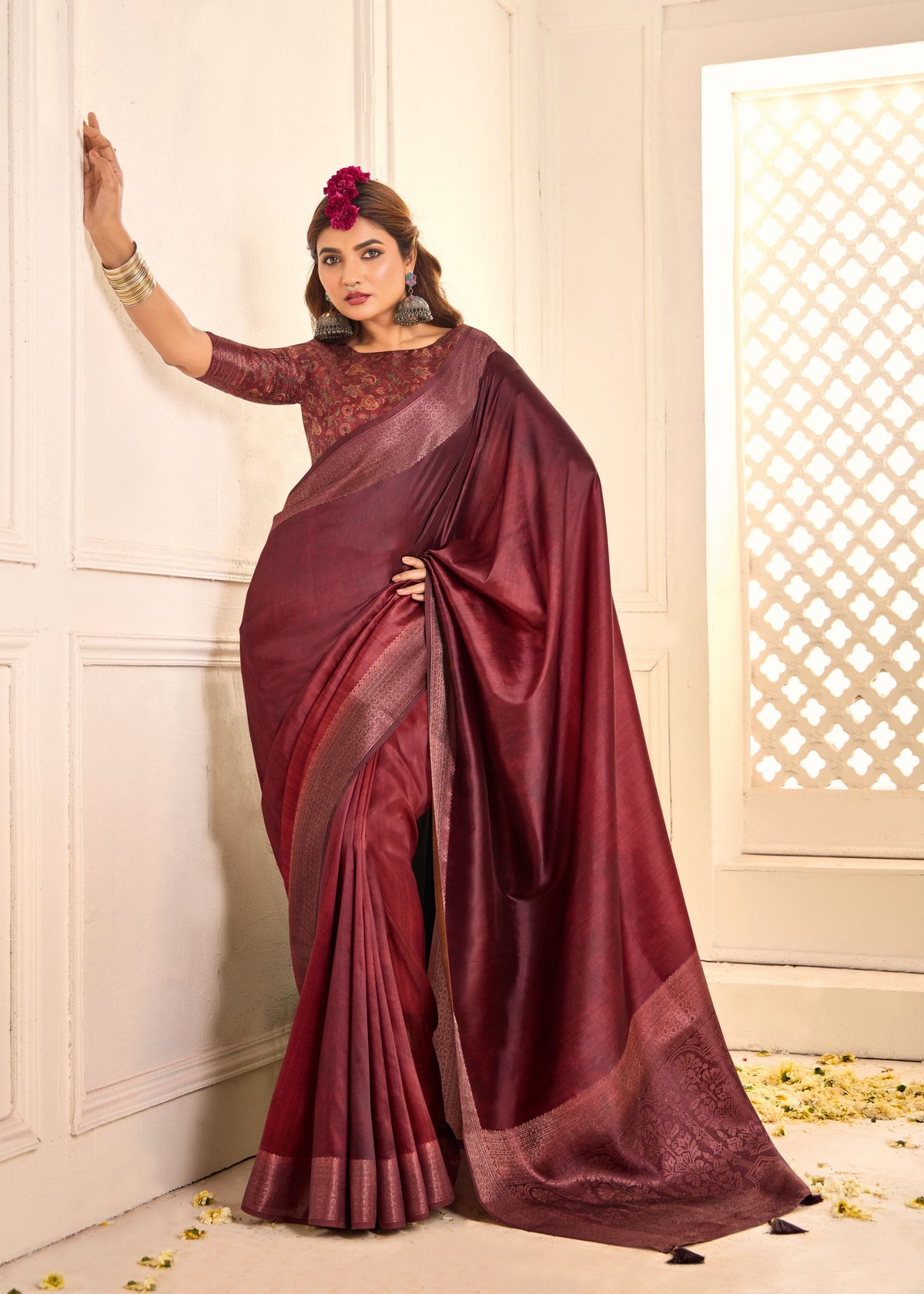 Velvet Maroon Tussar Silk Woven Saree