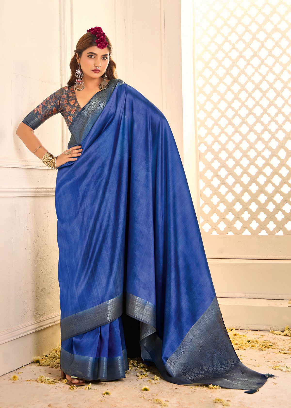 Blue Tussar Silk Woven Saree