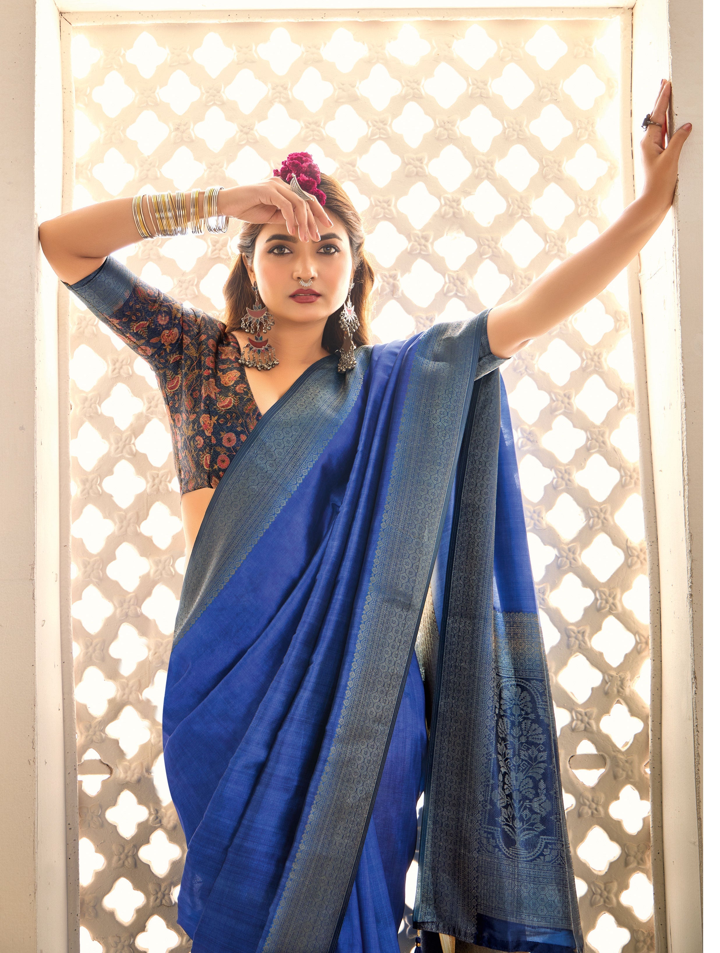 Blue Tussar Silk Woven Saree