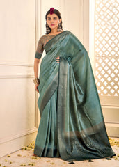 Slate Green Tussar Silk Woven Saree