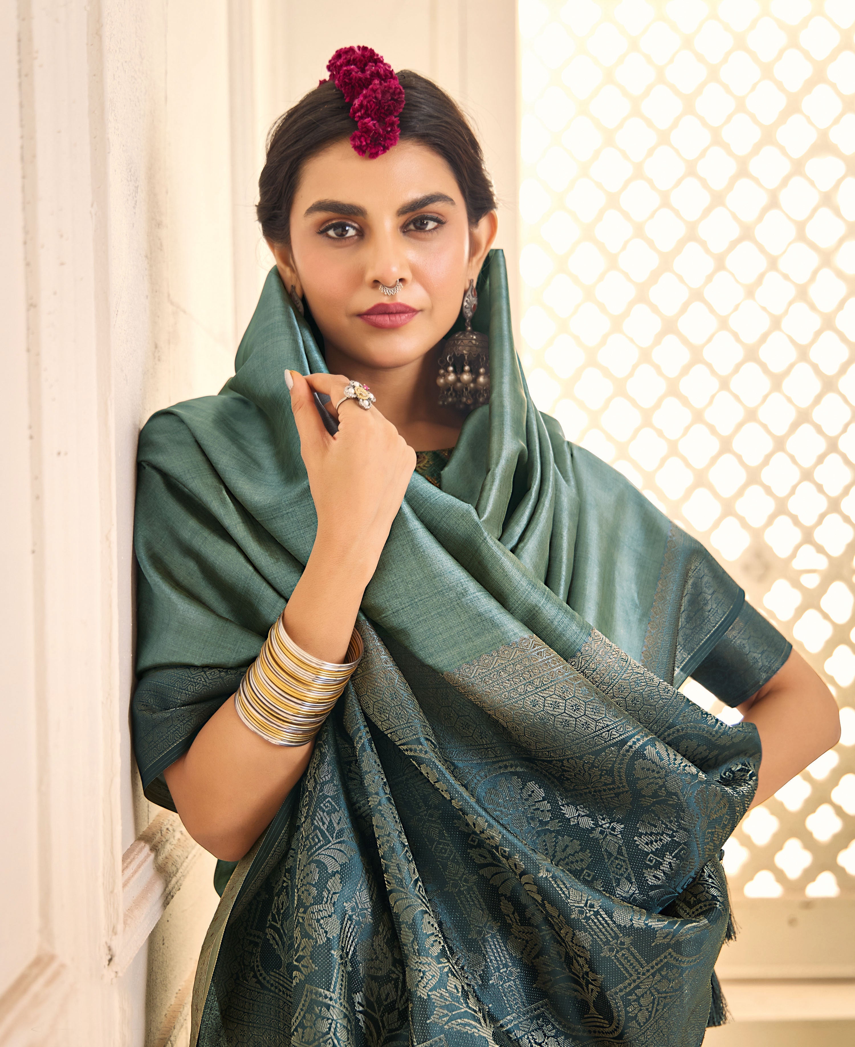 Slate Green Tussar Silk Woven Saree