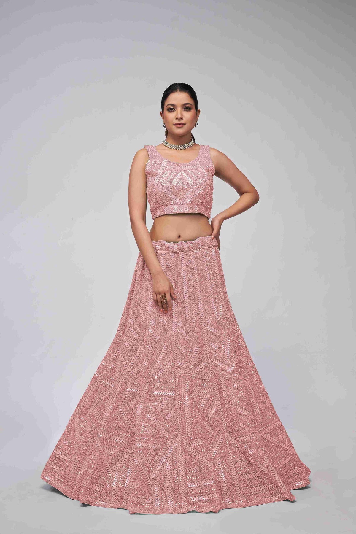 Pink Net Diwali Special A Line Lehenga With Embroidery And Sequins Wedding Wear