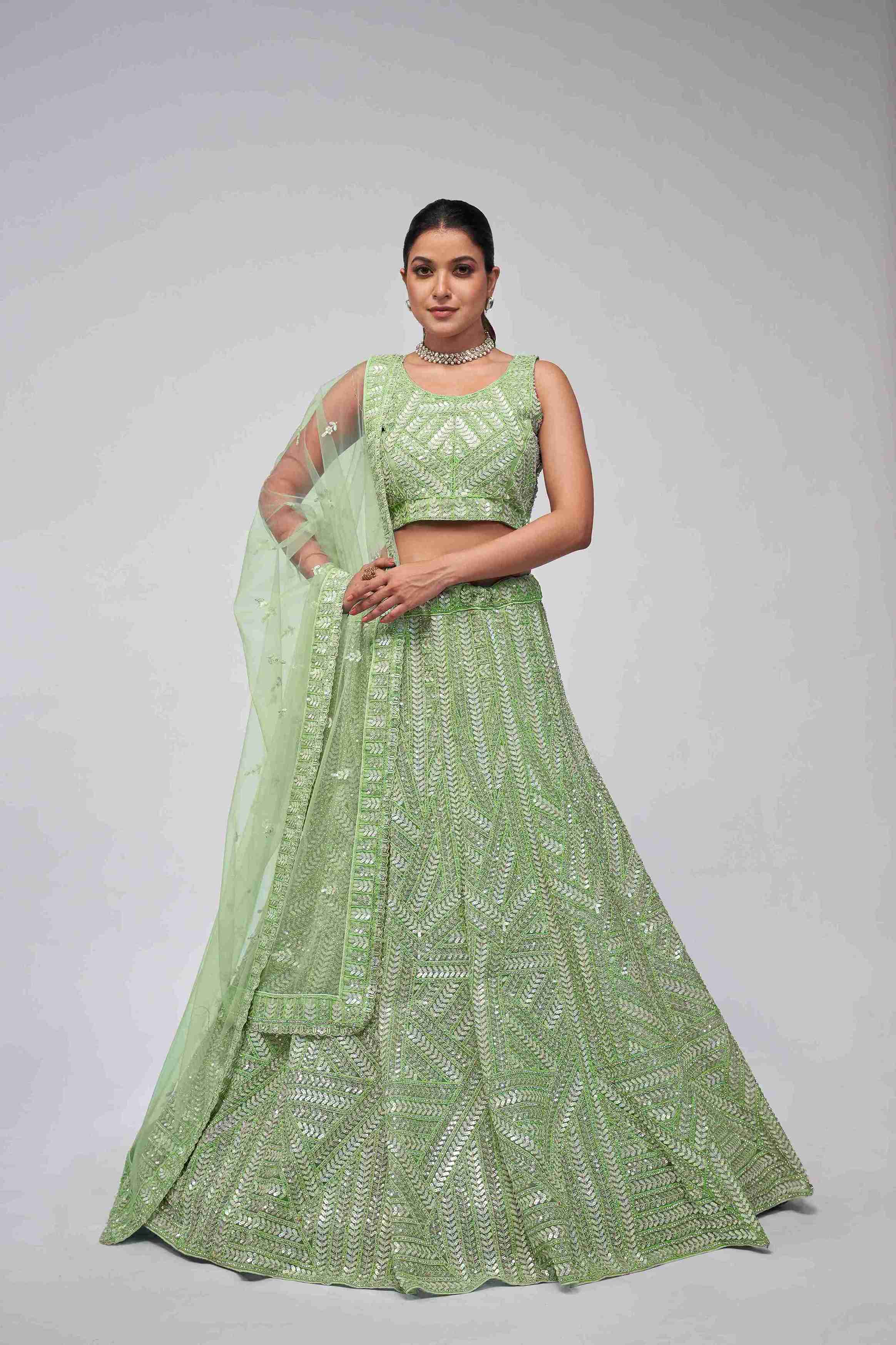 Light Green Net Diwali Special A Line Lehenga With Embroidery And Sequins Wedding Wear