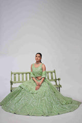 Light Green Net Diwali Special A Line Lehenga With Embroidery And Sequins Wedding Wear