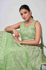 Light Green Net Diwali Special A Line Lehenga With Embroidery And Sequins Wedding Wear