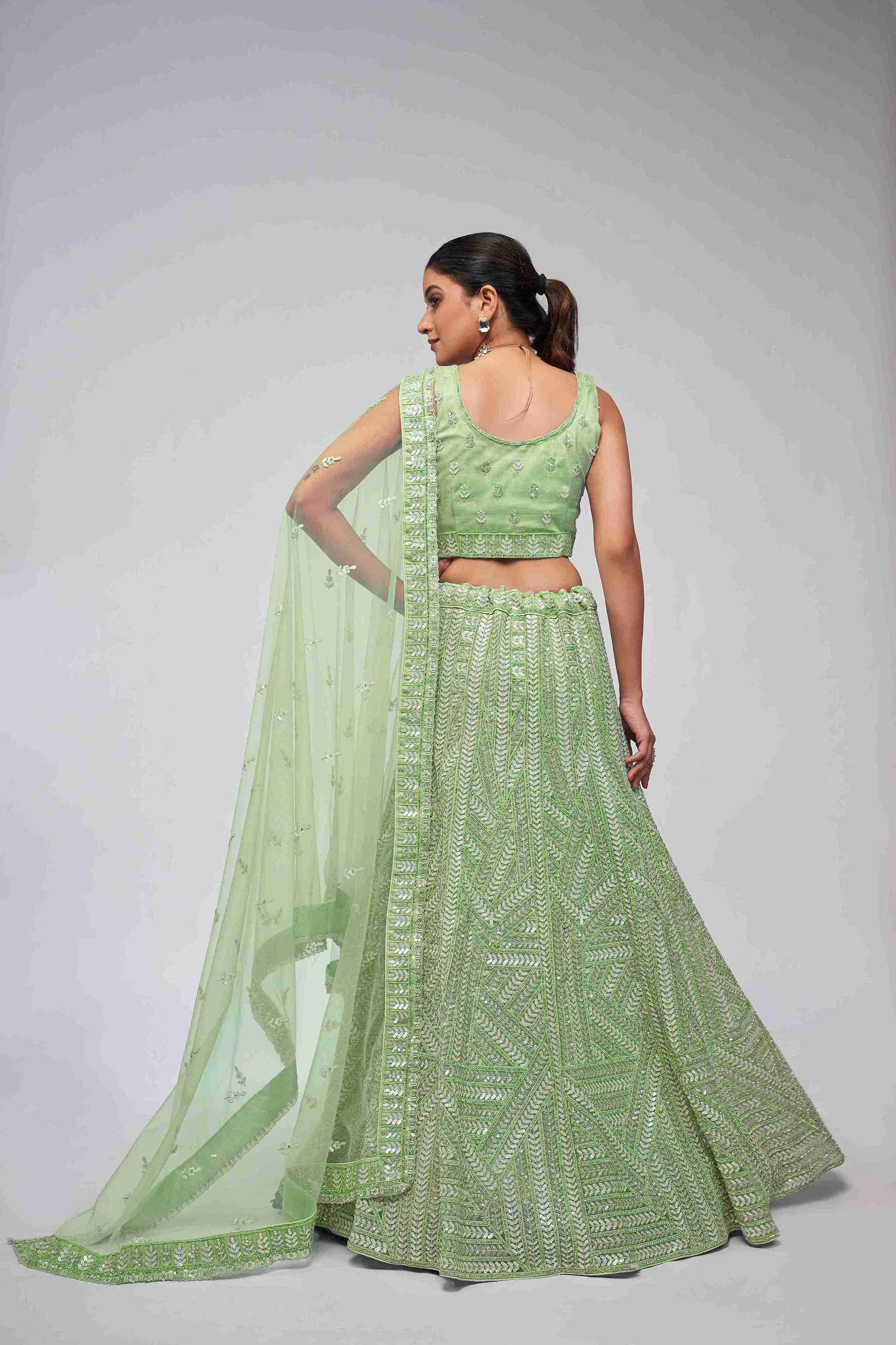 Light Green Net Diwali Special A Line Lehenga With Embroidery And Sequins Wedding Wear