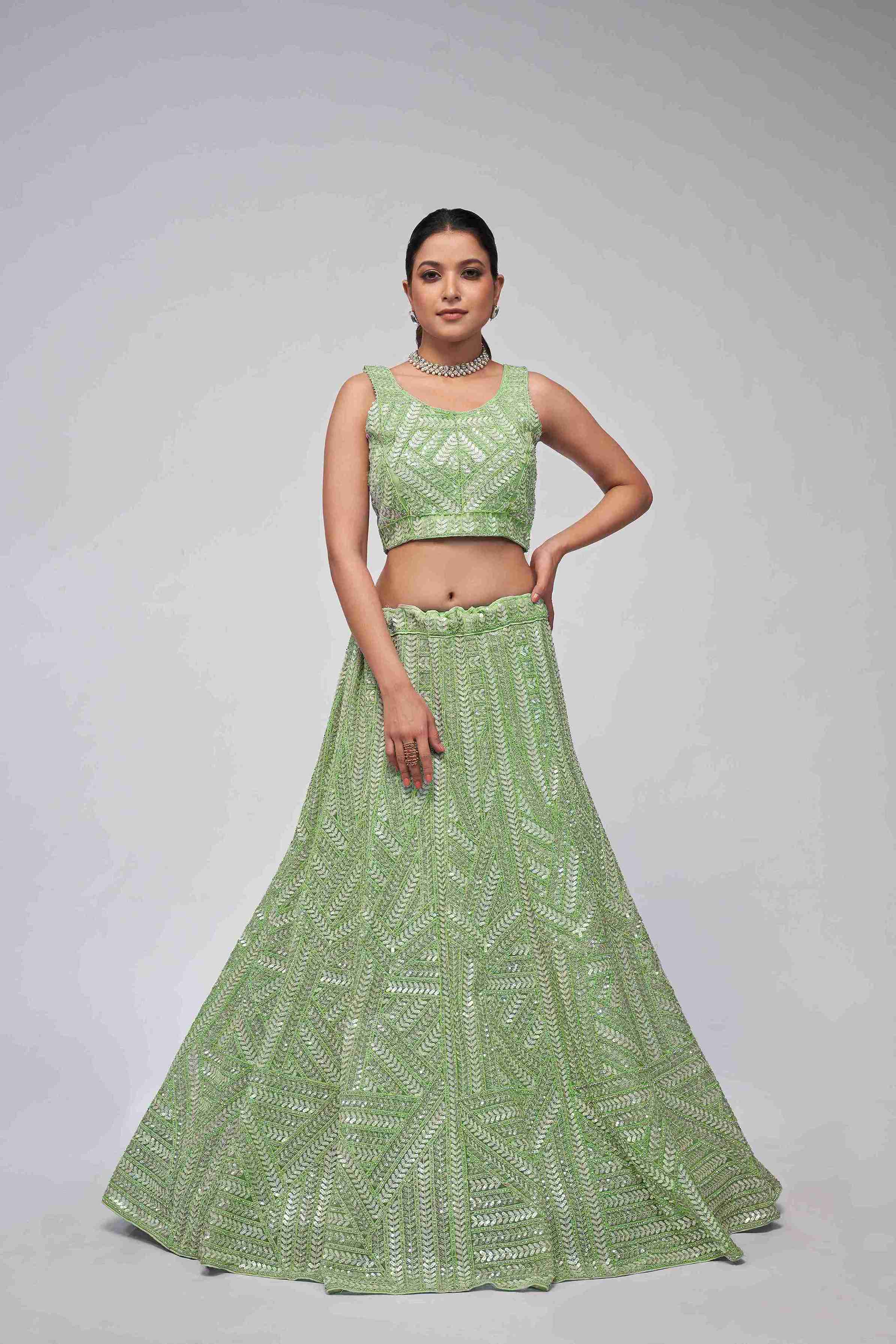 Light Green Net Diwali Special A Line Lehenga With Embroidery And Sequins Wedding Wear