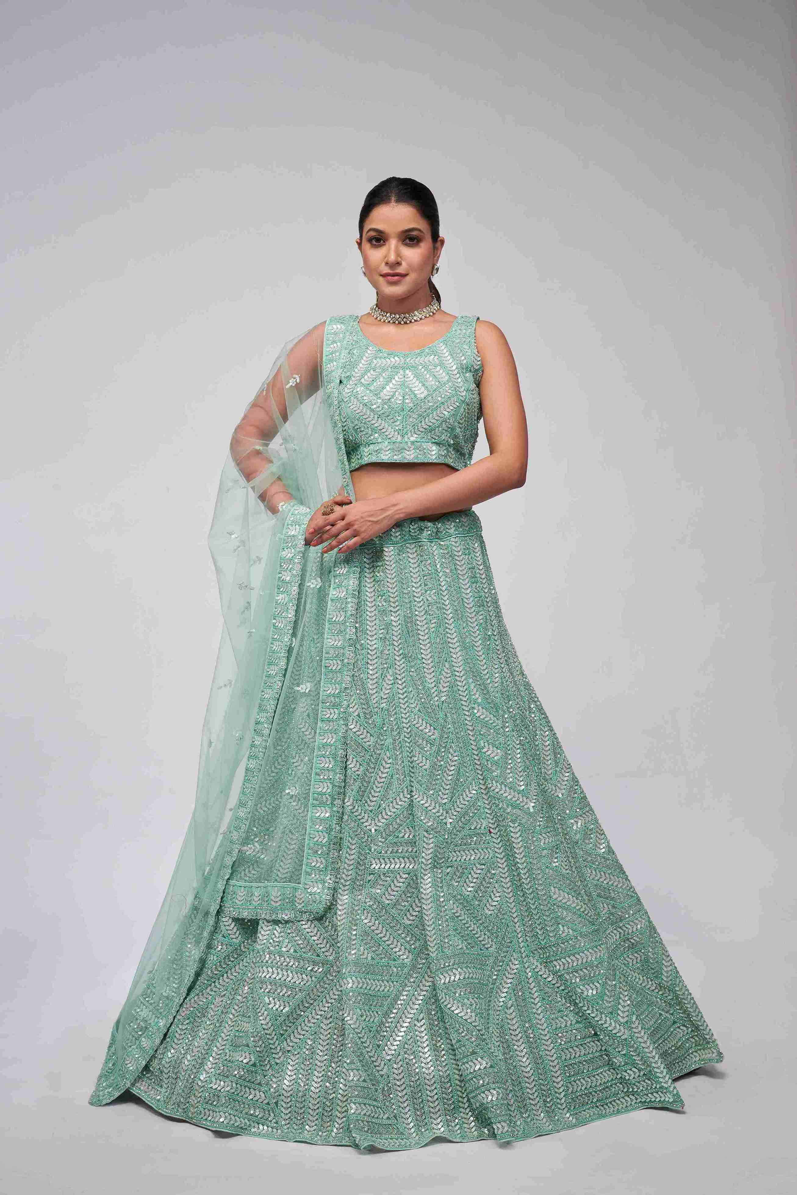 Sky Blue Net Diwali Special A Line Lehenga With Embroidery And Sequins Wedding Wear