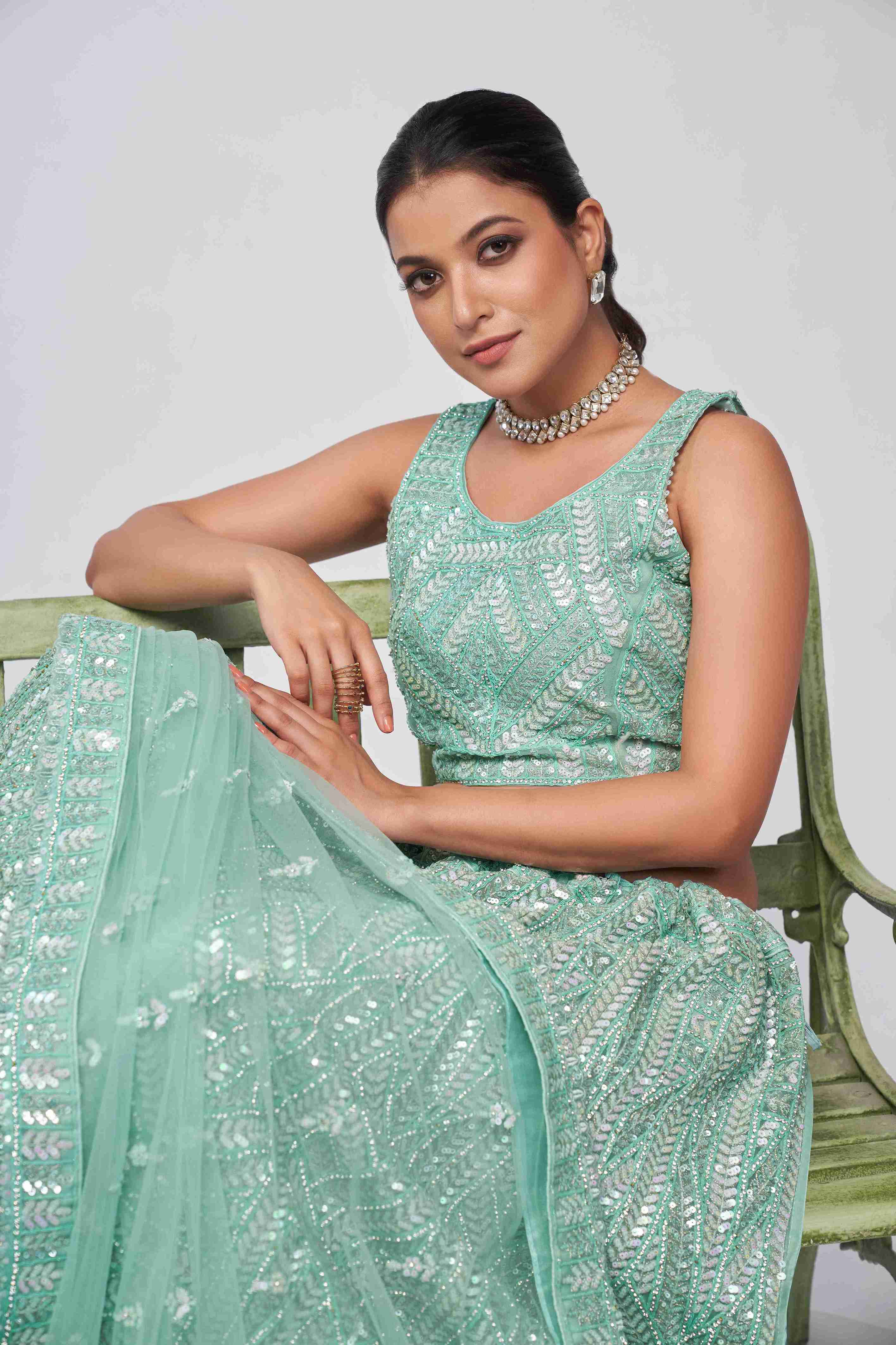 Sky Blue Net Diwali Special A Line Lehenga With Embroidery And Sequins Wedding Wear