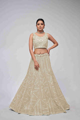 Ivory Net Diwali Special A Line Lehenga With Embroidery And Sequins Wedding Wear