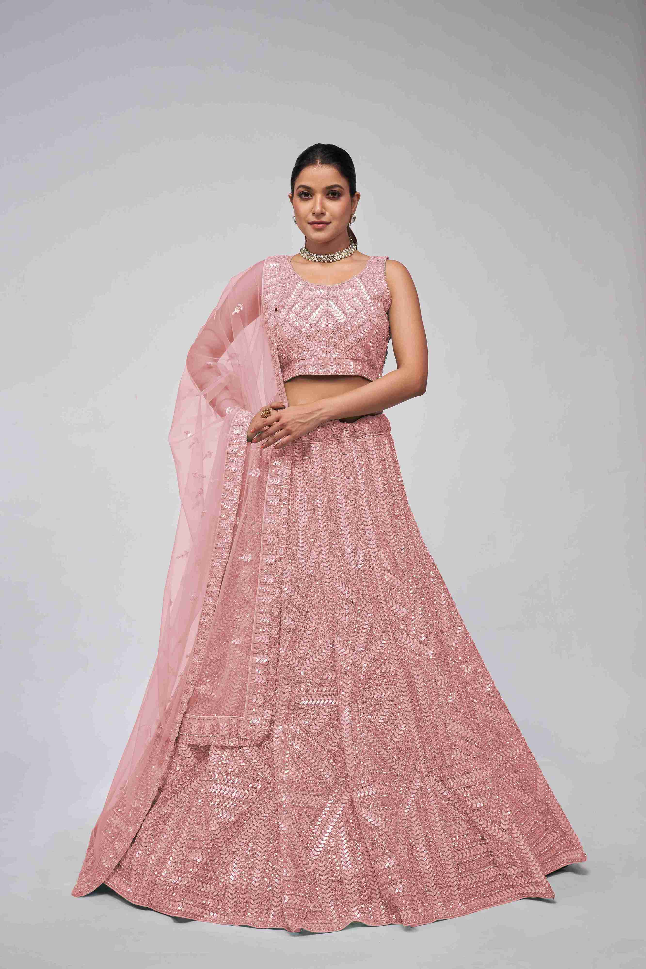 Pink Net Diwali Special A Line Lehenga With Embroidery And Sequins Wedding Wear