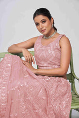 Pink Net Diwali Special A Line Lehenga With Embroidery And Sequins Wedding Wear