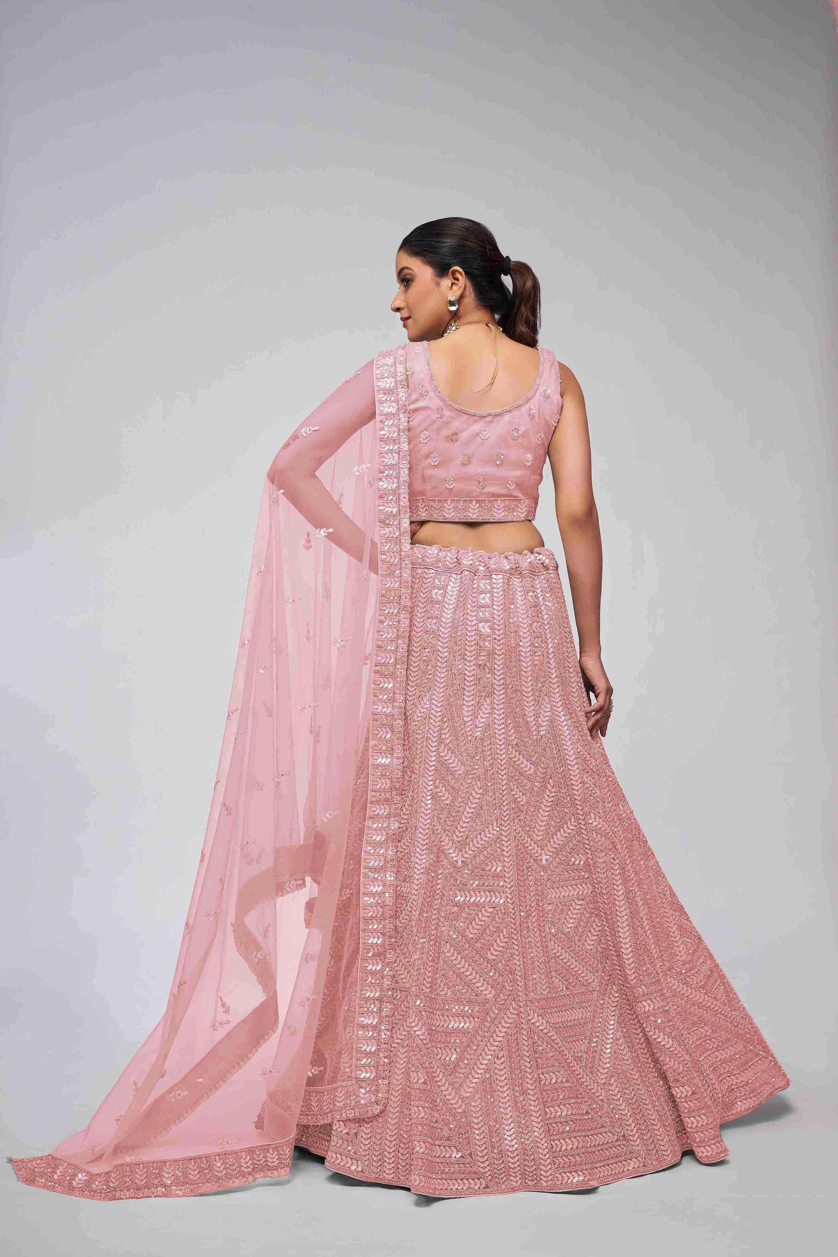 Pink Net Diwali Special A Line Lehenga With Embroidery And Sequins Wedding Wear