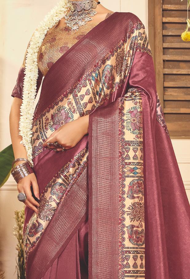 Light Maroon Tussar Silk Tribal Print Saree